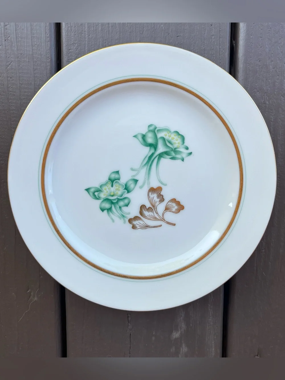 Vintage Wentworth China 4 Columbine Green Floral Salad Plates Gold Trim Cottage